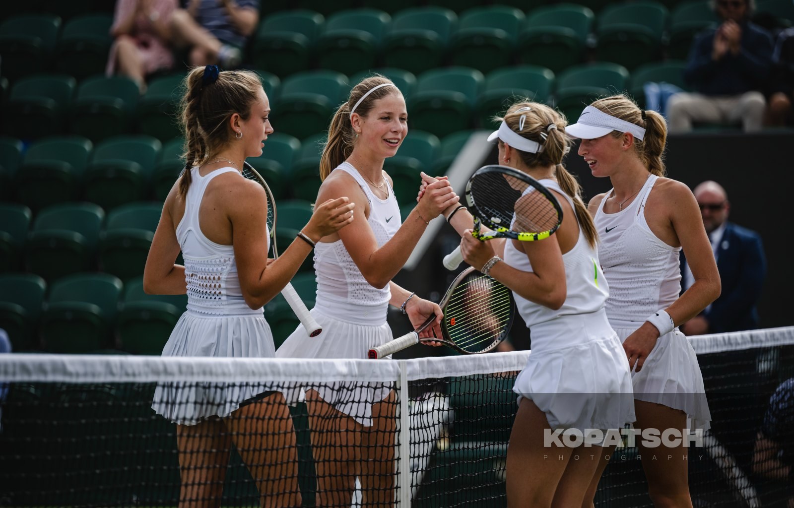 Doubles Alena Kovackova (CZE) and Laura Samsonova (CZE) with Hannah Klugman (GBR) and Isabelle Lacy (GBR) — 2023 Wimbledon