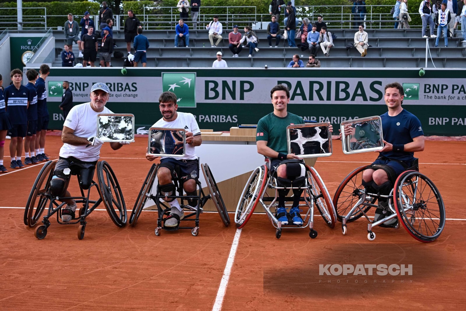 Stephane Houdet of France (L-R), Martin De La Puente of Spain, Gordon Reid of Great Britain and Alfie Hewett of Great Britain — 2026 Roland Garros