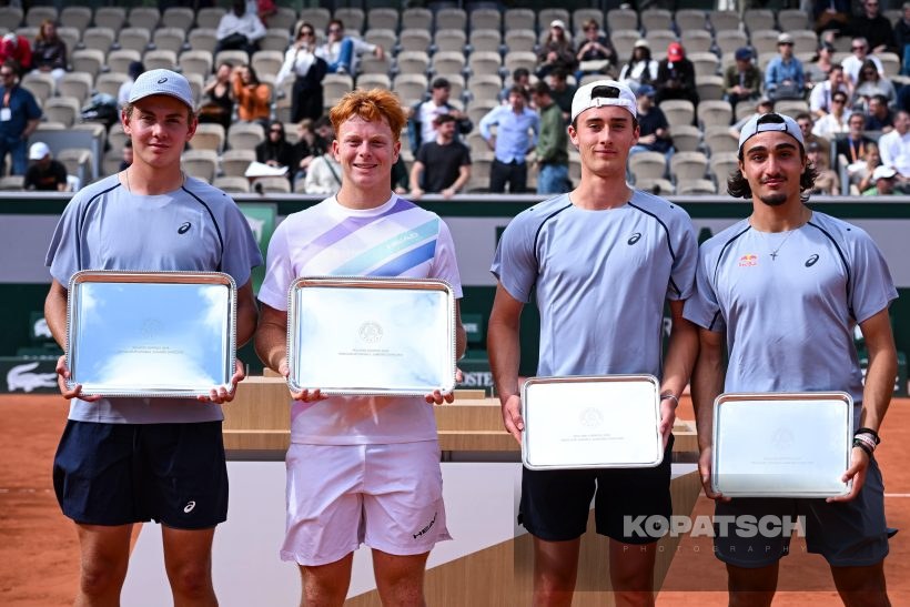 Vincent Reisach of Germany (L-R), Jamie Mackenzie of Germany, Mathys Domenc of France and Daniel Jade of France — 2026 Roland Garros