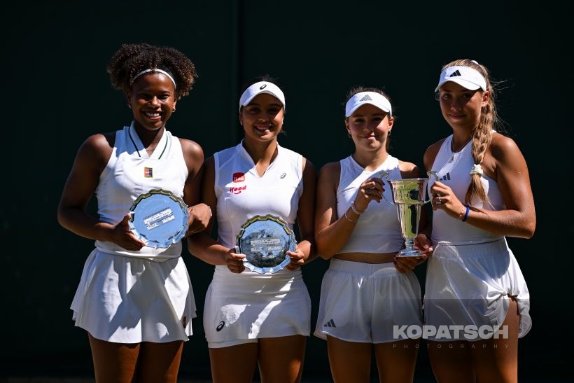 Victoria Luiza Barros of Brazil, Nauhany Vitoria Leme Da Silva of Brazil and Jana Kovackova of Czechia, Katerina Zajickova of Czechia — 2026 Wimbledon